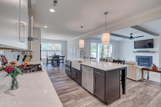 374 Yucca Ln, Wilmington, NC 28412 - kitchen with stainless steel dishwasher, a sink, light wood-style flooring, a kitchen bar, and a glass covered fireplace