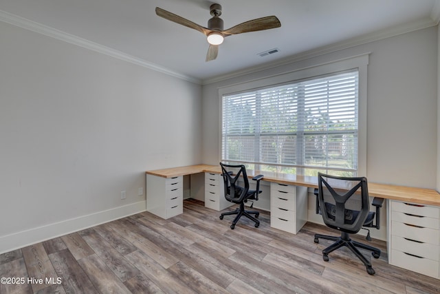 374 Yucca Ln, Wilmington, NC 28412 - office space with crown molding, light wood-style flooring, a ceiling fan, and baseboards