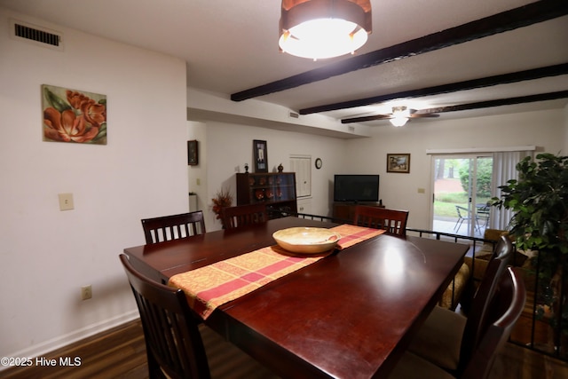 dining area featuring dark wood-style floors, baseboards, beamed ceiling, and a ceiling fan
