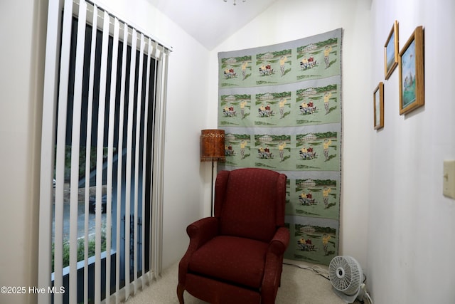 living area with carpet flooring and lofted ceiling