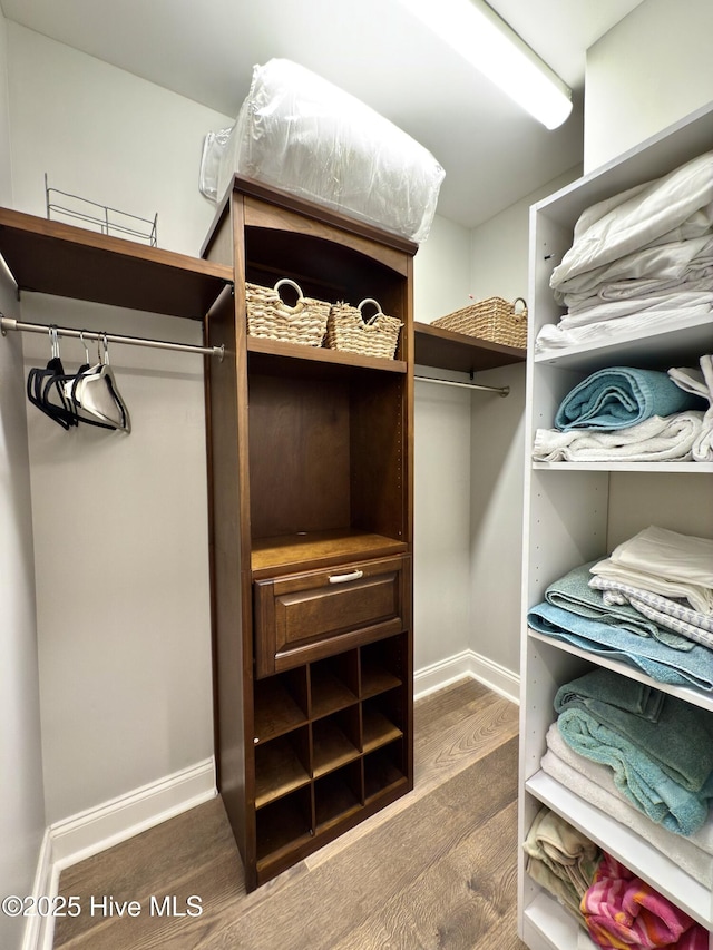 walk in closet with dark wood-style flooring