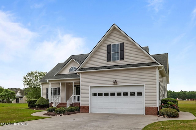 view of front of home with covered porch, a garage, a shingled roof, concrete driveway, and a front lawn