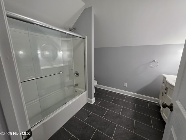219 Drake Lndg, New Bern, NC 28560 - bathroom featuring toilet, baseboards, bath / shower combo with glass door, tile patterned flooring, and vanity
