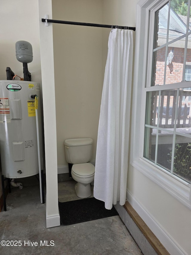 219 Drake Lndg, New Bern, NC 28560 - full bathroom with electric water heater, toilet, baseboards, and unfinished concrete floors