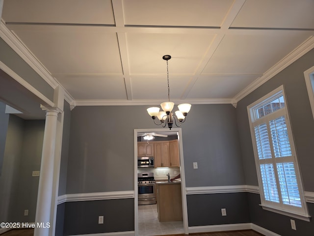 219 Drake Lndg, New Bern, NC 28560 - interior space featuring ornate columns, crown molding, plenty of natural light, and coffered ceiling