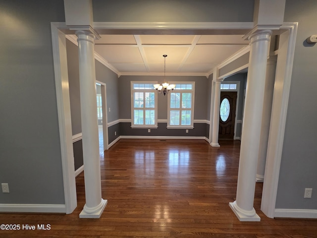 219 Drake Lndg, New Bern, NC 28560 - entryway featuring baseboards, coffered ceiling, ornate columns, and wood finished floors