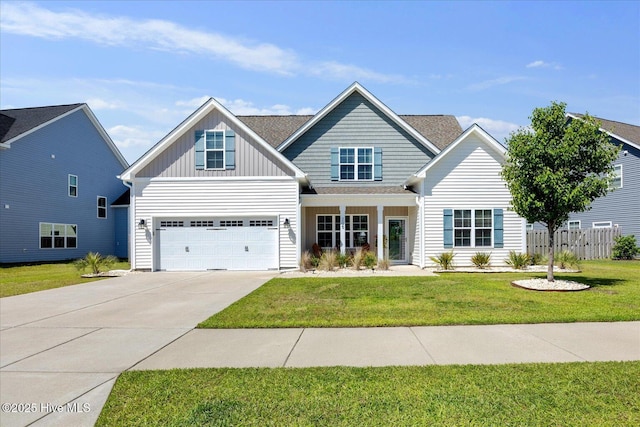 view of front facade featuring fence, concrete driveway, a garage, a front yard, and board and batten siding