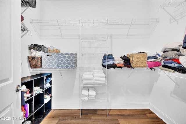 walk in closet with wood finished floors