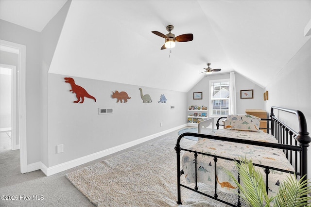 bedroom featuring carpet flooring, a ceiling fan, visible vents, baseboards, and lofted ceiling