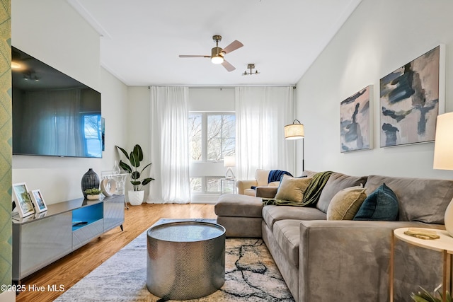 living area with a ceiling fan and wood finished floors