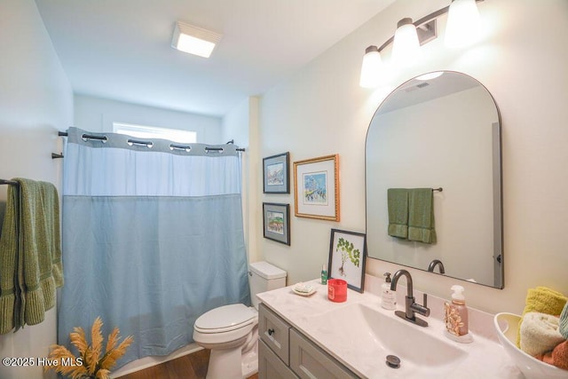 full bath featuring vanity, toilet, and a shower with curtain