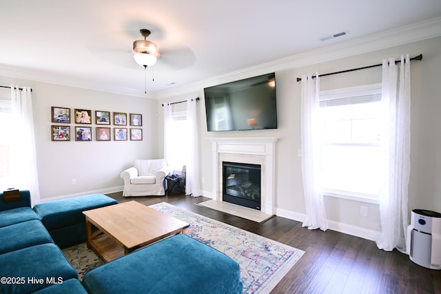 911 Needlerush Rd, Sneads Ferry, NC 28460 - living room featuring healthy amount of natural light, a ceiling fan, ornamental molding, baseboards, and a glass covered fireplace