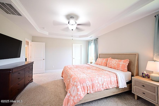 911 Needlerush Rd, Sneads Ferry, NC 28460 - bedroom featuring carpet flooring, a raised ceiling, baseboards, ceiling fan, and ornamental molding