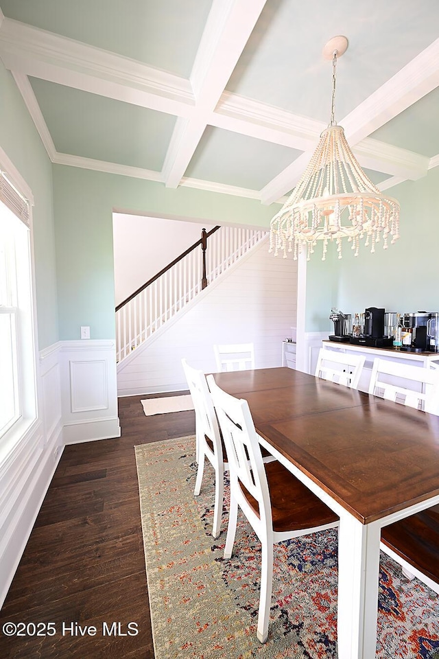911 Needlerush Rd, Sneads Ferry, NC 28460 - dining room featuring coffered ceiling, stairway, a chandelier, dark wood-type flooring, and beamed ceiling