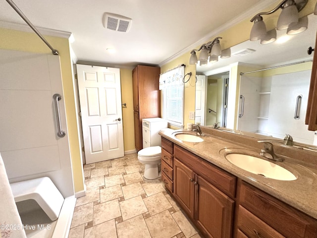 706 E Country Club Dr, Tarboro, NC 27886 - full bath with walk in shower, crown molding, toilet, and a sink
