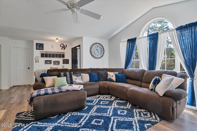 4 Brunswick Ln, Pinehurst, NC 28374 - living room with lofted ceiling, wood finished floors, a ceiling fan, and a textured ceiling