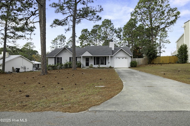 single story home featuring an attached garage, a chimney, fence, concrete driveway, and roof with shingles