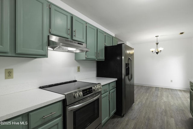 kitchen with under cabinet range hood, light countertops, green cabinetry, and appliances with stainless steel finishes