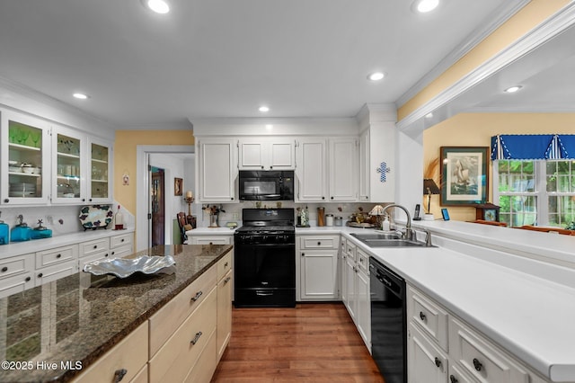 104 N Reed Dr, Washington, NC 27889 - kitchen with black appliances, a sink, crown molding, glass insert cabinets, and recessed lighting