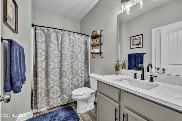 bathroom with vanity, toilet, a shower with curtain, and wood finished floors