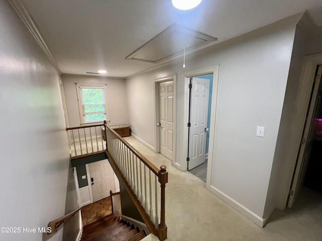 stairway featuring attic access, crown molding, and baseboards