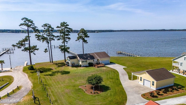 bird's eye view with a water view