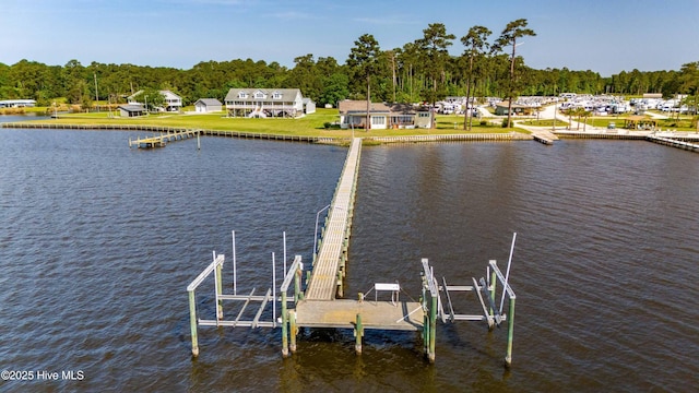 dock area featuring boat lift and a water view