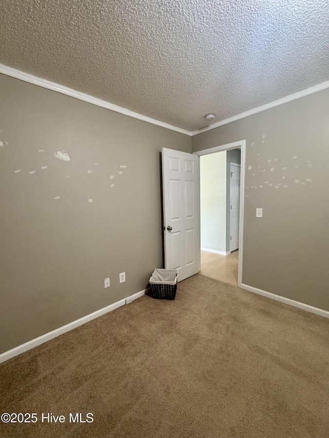 empty room featuring baseboards, carpet floors, crown molding, and a textured ceiling