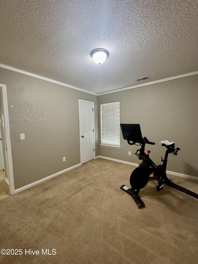 exercise area featuring ornamental molding, a textured ceiling, carpet flooring, and visible vents