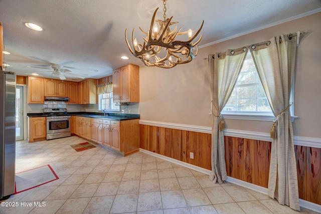 kitchen with appliances with stainless steel finishes, a chandelier, a wainscoted wall, under cabinet range hood, and dark countertops