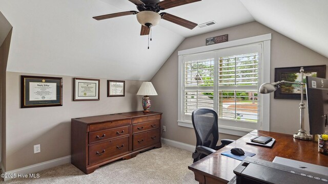 216 National Dr, Pinehurst, NC 28374 - office space with a ceiling fan, vaulted ceiling, light colored carpet, and baseboards