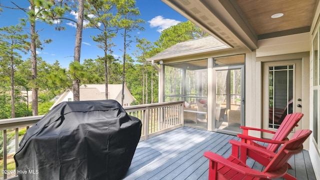 216 National Dr, Pinehurst, NC 28374 - deck featuring area for grilling and a sunroom