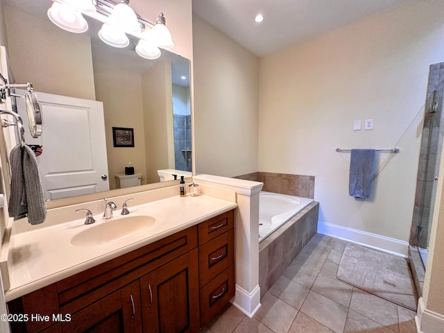6832 Main St Unit 317, Wilmington, NC 28405 - bathroom with vanity, a garden tub, tile patterned flooring, an enclosed shower, and a chandelier
