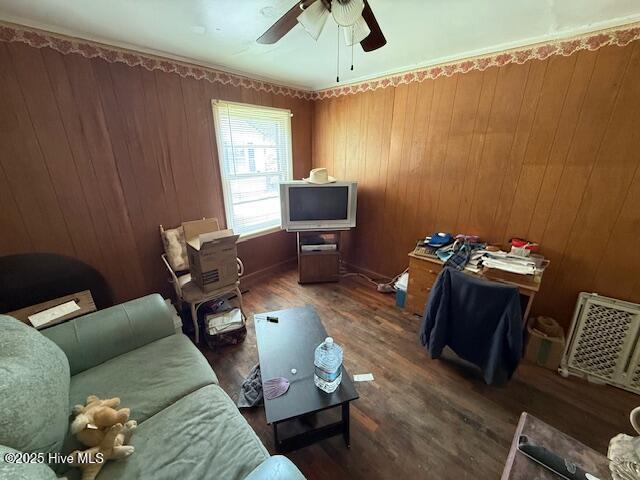 113 Winesett Cir, Plymouth, NC 27962 - living room featuring wood finished floors, ceiling fan, and wooden walls