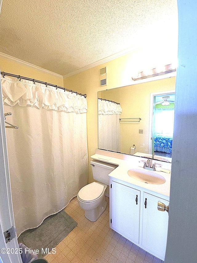 full bathroom featuring ornamental molding, a textured ceiling, vanity, toilet, and a shower with shower curtain