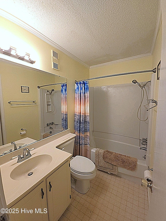 full bath featuring toilet, crown molding, a textured ceiling, shower / bath combination with curtain, and vanity