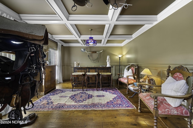 390 Whitebridge Rd, Hampstead, NC 28443 - interior space with coffered ceiling, crown molding, a wainscoted wall, hardwood / wood-style floors, and beam ceiling