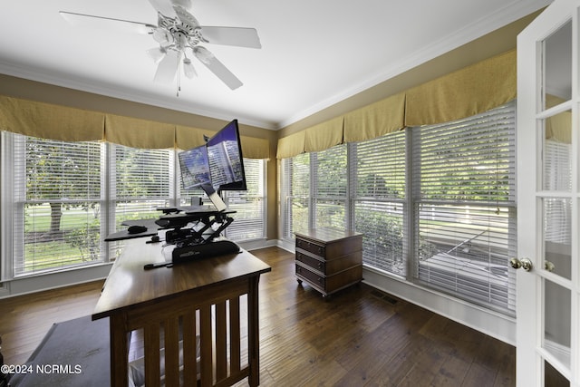 390 Whitebridge Rd, Hampstead, NC 28443 - office space with a ceiling fan, dark wood finished floors, crown molding, and visible vents