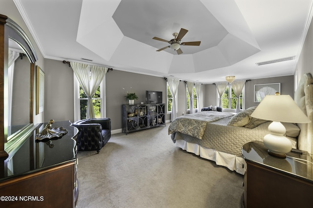 390 Whitebridge Rd, Hampstead, NC 28443 - carpeted bedroom featuring ceiling fan, a raised ceiling, visible vents, and multiple windows