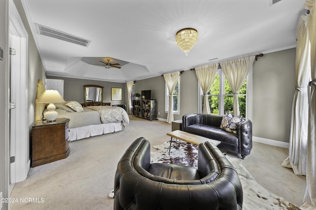 390 Whitebridge Rd, Hampstead, NC 28443 - carpeted bedroom featuring ornamental molding, visible vents, a ceiling fan, a raised ceiling, and baseboards