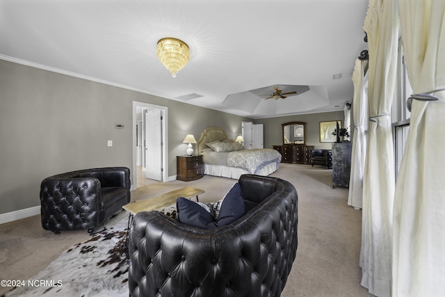 390 Whitebridge Rd, Hampstead, NC 28443 - carpeted bedroom with a tray ceiling, crown molding, visible vents, baseboards, and ceiling fan