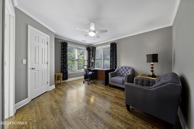 390 Whitebridge Rd, Hampstead, NC 28443 - sitting room with wood finished floors, baseboards, a ceiling fan, and ornamental molding