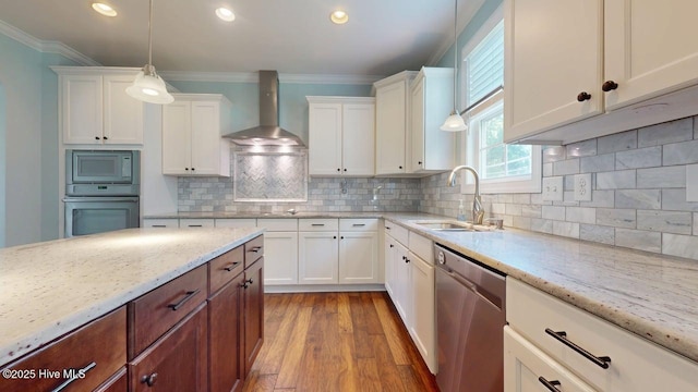 149 Mardella Way, Holly Ridge, NC 28445 - kitchen with appliances with stainless steel finishes, wall chimney range hood, a sink, hardwood / wood-style flooring, and white cabinets