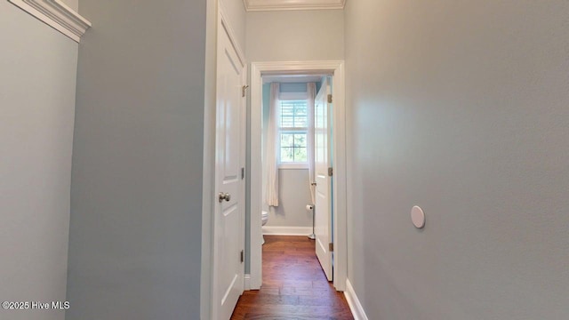 149 Mardella Way, Holly Ridge, NC 28445 - hallway featuring dark wood-style floors, baseboards, and ornamental molding