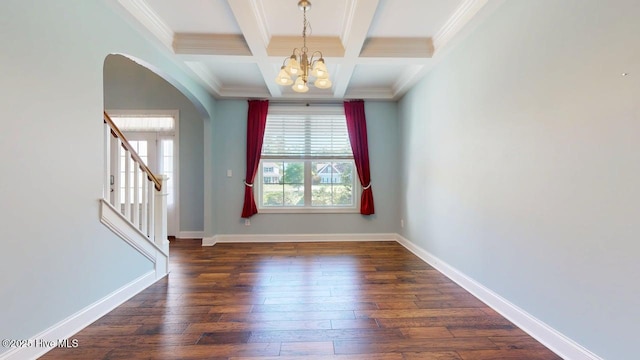149 Mardella Way, Holly Ridge, NC 28445 - spare room with a chandelier, arched walkways, beamed ceiling, dark wood-style floors, and crown molding