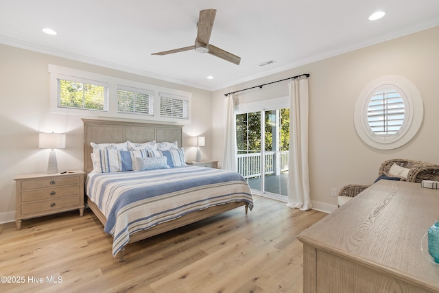 1063 Tide Ridge Dr, Supply, NC 28462 - bedroom featuring access to outside, crown molding, light wood-type flooring, baseboards, and recessed lighting