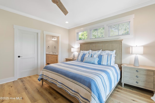 1063 Tide Ridge Dr, Supply, NC 28462 - bedroom with ornamental molding, light wood-type flooring, ensuite bath, a ceiling fan, and recessed lighting
