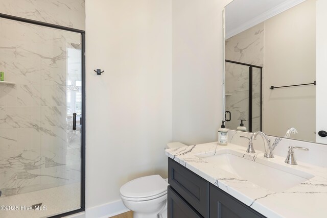 1063 Tide Ridge Dr, Supply, NC 28462 - bathroom featuring a marble finish shower, toilet, vanity, and crown molding