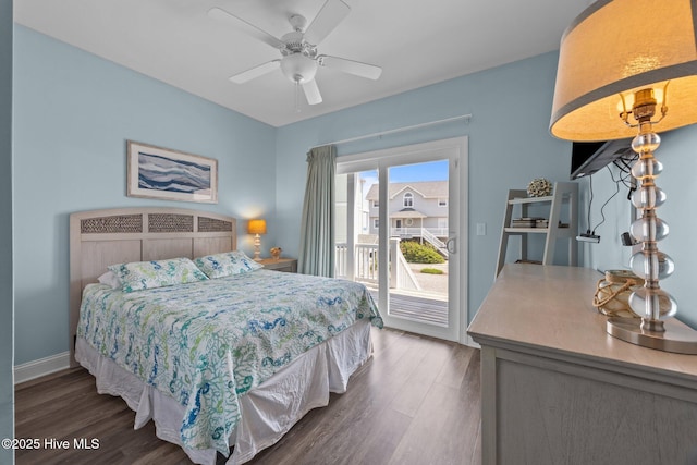 bedroom with access to exterior, wood finished floors, and ceiling fan