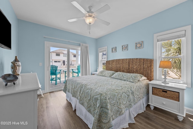 bedroom with access to outside, dark wood-style floors, baseboards, and ceiling fan